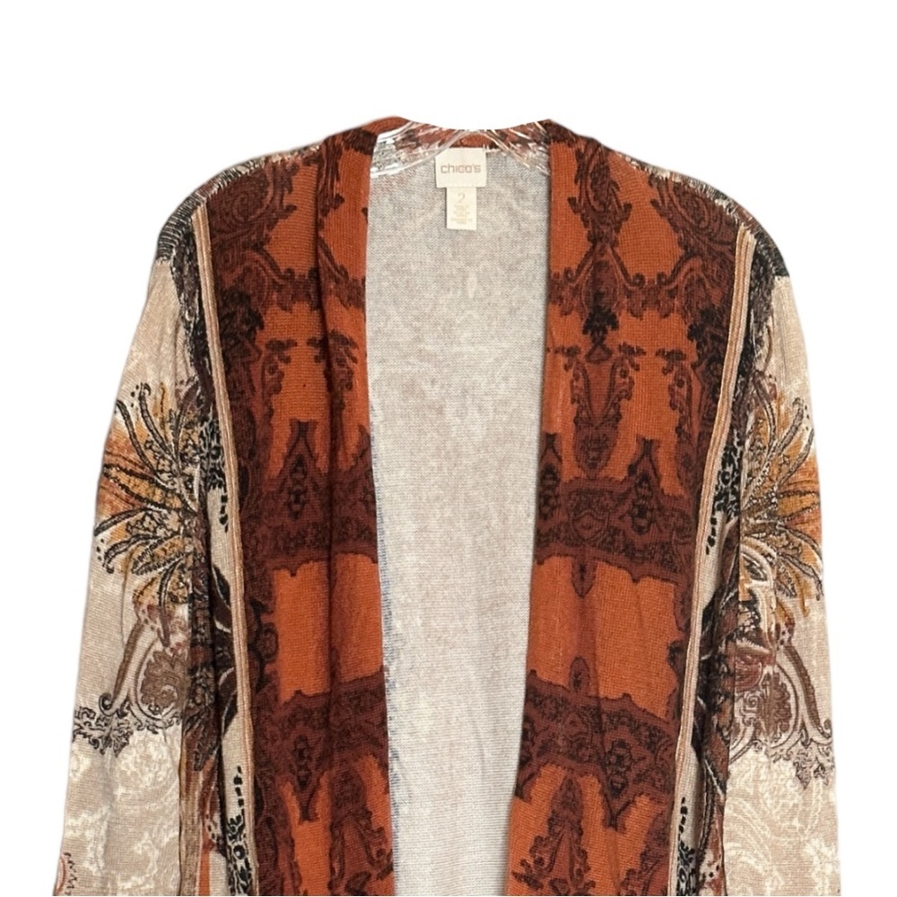 Chico’s Paisley Boho Tan Burnt Orange Open Front Duster Cardigan Size 2 (L) NWOT - Picture 4 of 7